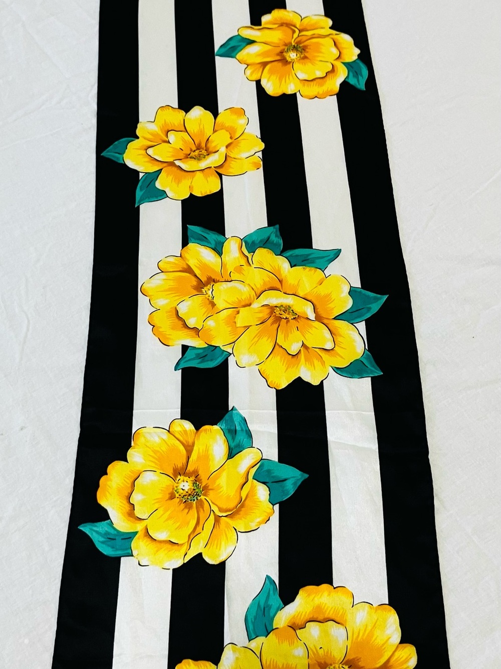 80's Jacqueline Ferrar Black, White & Yellow Floral Stripe Silk Scarf